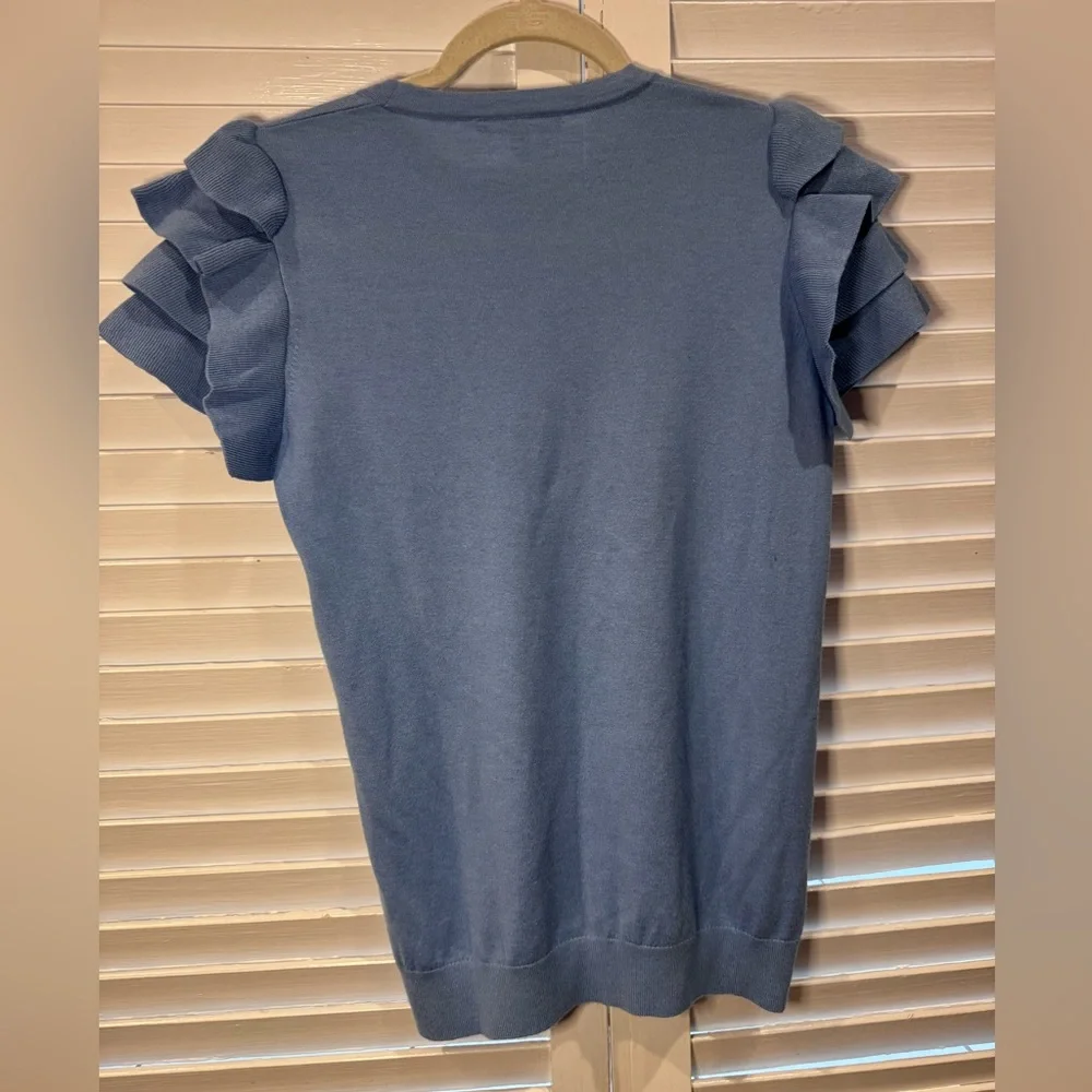 Neiman Marcus Cashmere Collection Silk Blend Ruffle Sleeve Top Size M Blue - Picture 2 of 5